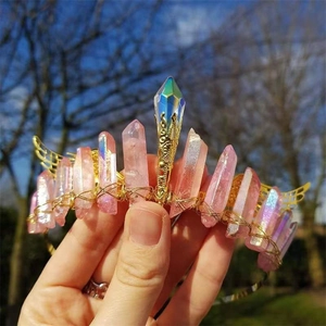 Handmade gold wire crown with pink crystals and butterfly wings for bridal hair