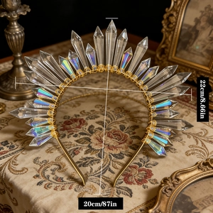 Elegant gold sun goddess crown headband with pointed crystals and colorful finish
