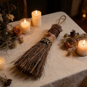 Handcrafted witch broom with red gemstone and mystical metal pendants on beige linen
