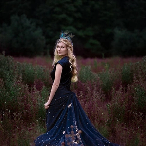 Rainbow crystal peacock feather crown with blue velvet evening gown in fantasy style
