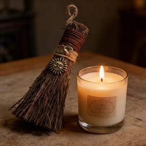 Close-up of decorative witch broom with natural fibers, hemp rope, and a sun pendant