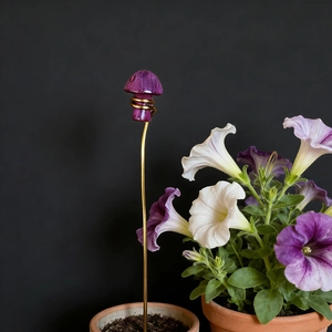 Handmade purple crystal mushroom garden stake with gold wire for floral decoration