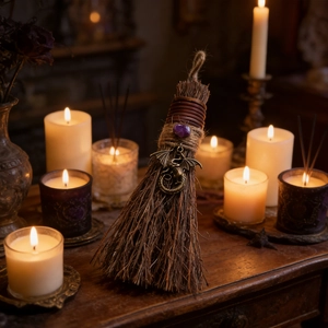 Macro detail of a witch broom featuring a purple crystal stone and bronze dragon charm