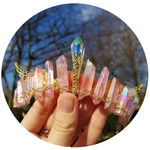 Handmade pink crystal quartz crown headband with golden metal wire wings decoration