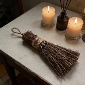 Handmade wooden witch broom with crystal and pentagram on a rustic wooden desk