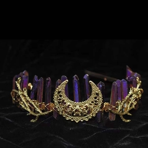Bohemian crystal crown headband with purple quartz and golden moon on black background