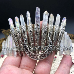 Handmade Natural Raw Crystal Crown Headband With Metal Crescent Moon Bohemian Wire Wrapped Quartz Tiara For Party Halloween Hair Accessories