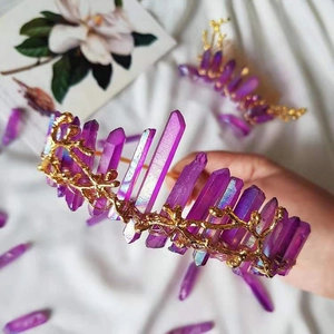 Detail of purple aura quartz crystal bridal crown with golden twig metal base