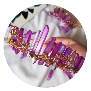 Handmade purple crystal crown headband with gold branch texture for bridal wedding hair