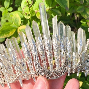 Handmade bohemian quartz crystal crown with silver crescent moon and ornate metal base