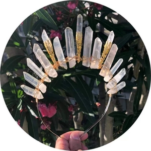 Detail of natural white crystal crown featuring handmade wire wrapping technique