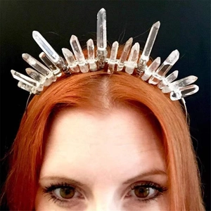 Handmade crown headband featuring natural clear crystal points on a silver metal wire