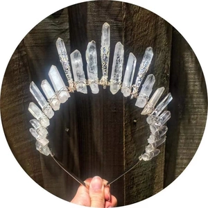 Bohemian Handmade Natural White Crystal Crown Headband Alloy Wire Wrapped Pointed Quartz Tiara For Women Wedding Party Jewelry