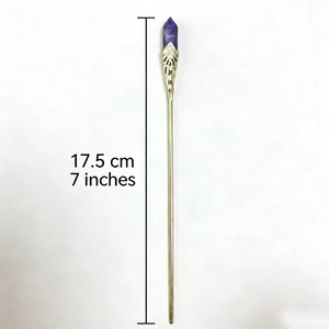 Vintage style gold floral metal hair stick with a purple hexagonal crystal 17.5 cm long