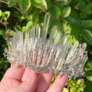 Bohemian crystal moon crown with raw clear quartz stones and silver star pendants