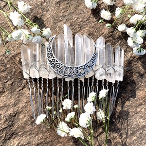 Wicca moon celestial hair comb with natural crystal points and silver wire wrap detail