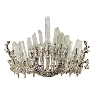 Handmade silver boho crown with crystal quartz moon and star charms for brides