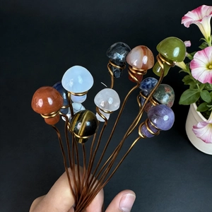 Handmade natural crystal mushroom hairpins with colorful stones and copper wire wrapping