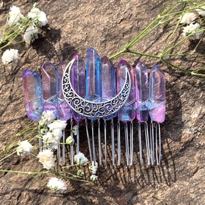 Detail view of Wicca moon hair comb with rainbow crystals wrapped in silver wire