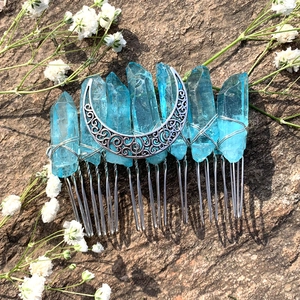 Detail of Wicca moon hair comb with blue crystal stones and silver wire wrap