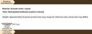 Detailed specs of the 20-tooth metal hair comb with plated natural crystals in multi-colors