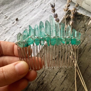 Handmade Wicca crystal hair comb with raw green crystals on silver wire metal base