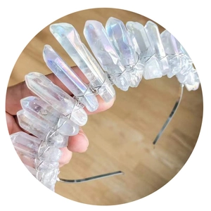 Handmade gold tiara headband featuring iridescent raw white crystal points and silver wire