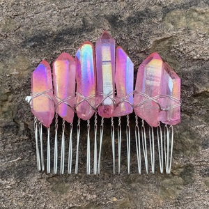 Pink iridescent crystal hair comb with bohemian natural stone pillars and silver wire