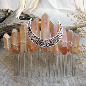 Wicca Witch Moon DIY Natural Crystal Aura Wedding Bridal Hair Comb Bohemian Forest Style Crescent Moon Accessory For Women