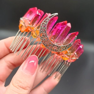 Wicca Moon bridal hair comb with rainbow crystals and silver wire wrap handmade accessory