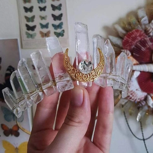 Handmade golden moon tiara with natural clear quartz crystals in bohemian style