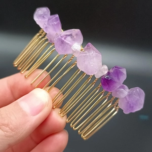 Handmade amethyst crystal hair comb with natural purple stones on gold finish metal
