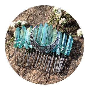 Wicca moon crystal hair comb with rainbow blue stones and silver crescent moon moon accessory