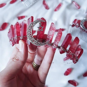 Handmade Wiccan headband with dark red natural crystals and a silver moon pendant