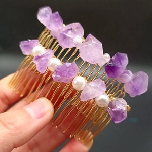 Natural Amethyst Hair Comb Handmade Artificial Pearl Wire Wrapped Bridal Wedding Headpiece Bohemian Women Hair Accessories