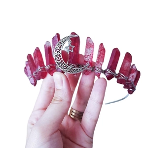 Gothic crown featuring dark red crystals with silver moon and star accents on white backdrop
