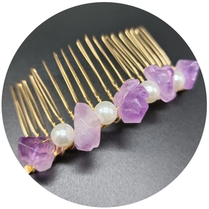 Exquisite handmade gold hair comb with natural purple amethyst and white pearl beads decoration