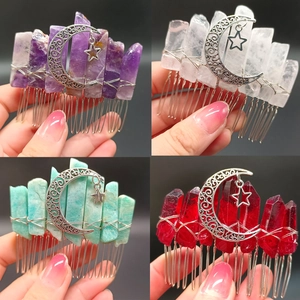 Handmade moon and star hair comb set with natural crystal pillars in four colors