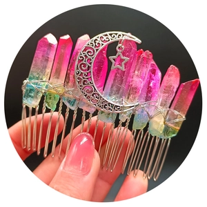Handmade crystal hair comb with gradient raw stones and silver moon star ornaments