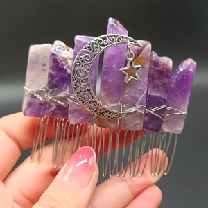 Handmade amethyst crystal hair comb with silver crescent moon and star charm design