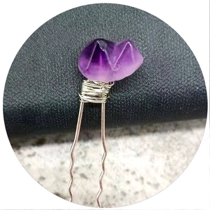Handmade silver wire hair pin with natural purple amethyst quartz crystal flowers