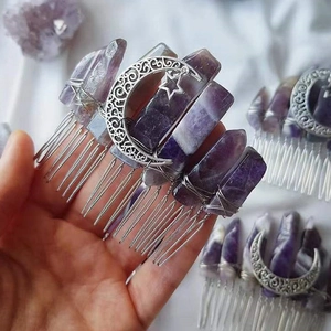 Natural Crystal Hair Comb Bohemian Moon Star Pendant Handmade Amethyst Clear Quartz Hair Piece For Women Wedding Accessories