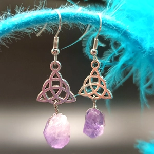 Bohemian Celtic knot drop earrings with raw amethyst stones in vintage silver finish