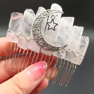 Handmade 20-tooth crystal hair comb with pink raw stones, silver moon and star charms