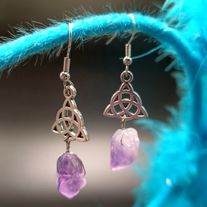 Natural amethyst stone earrings with celtic triquetra knot in silver boho style
