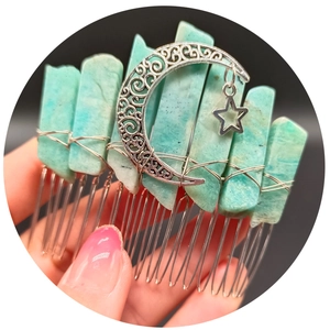 Handmade natural blue crystal hair comb with silver crescent moon and star charms