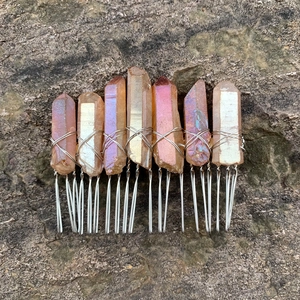 Detailed macro view of natural raw crystals hand-wired to a 20-tooth silver bridal hair comb
