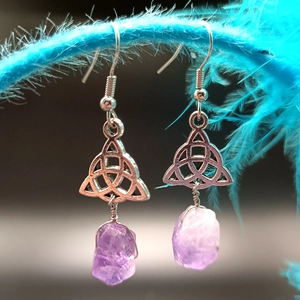 Vintage Celtic Triquetra Knot Drop Earrings Natural Amethyst Raw Stone Silver Alloy Dangle Earrings For Women Jewelry Gift