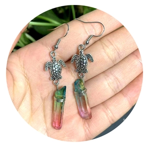 Bohemian silver turtle earrings with rainbow gradient crystal hexagonal prism pendants