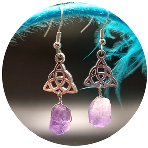 Natural raw amethyst drop earrings with vintage silver triquetra celtic knot design